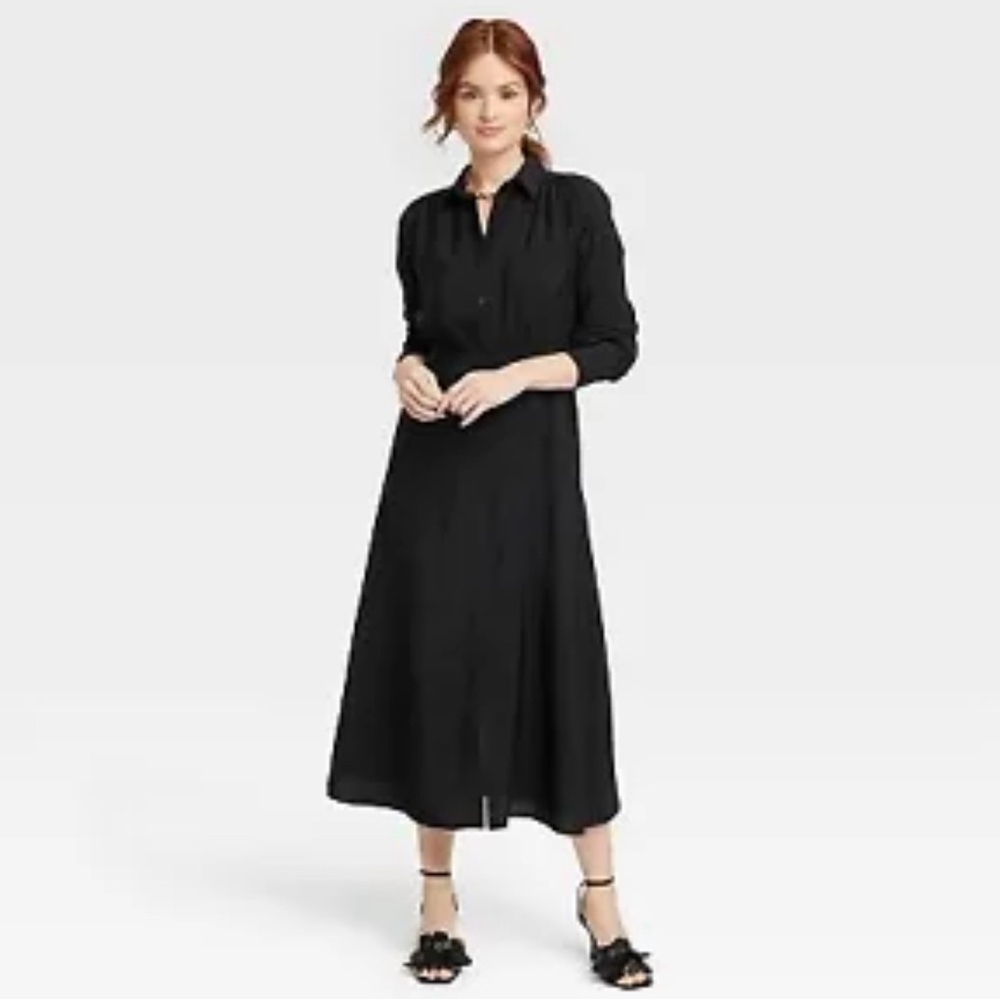 Women's Long Sleeve Collared Midi Crepe Shirtdress - A New Day Black L
